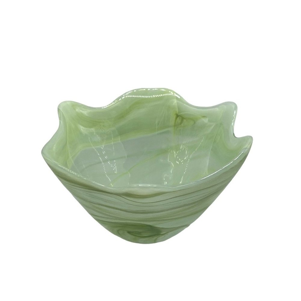 Hand Blown Art Glass Bowl Yellow With Swirls Recycled Glass Made in Spain Green